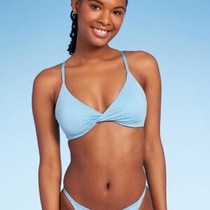 Bikini Set-Blue sparkle Twist Bralette Top With With Leg Low Rise Strap Bottom